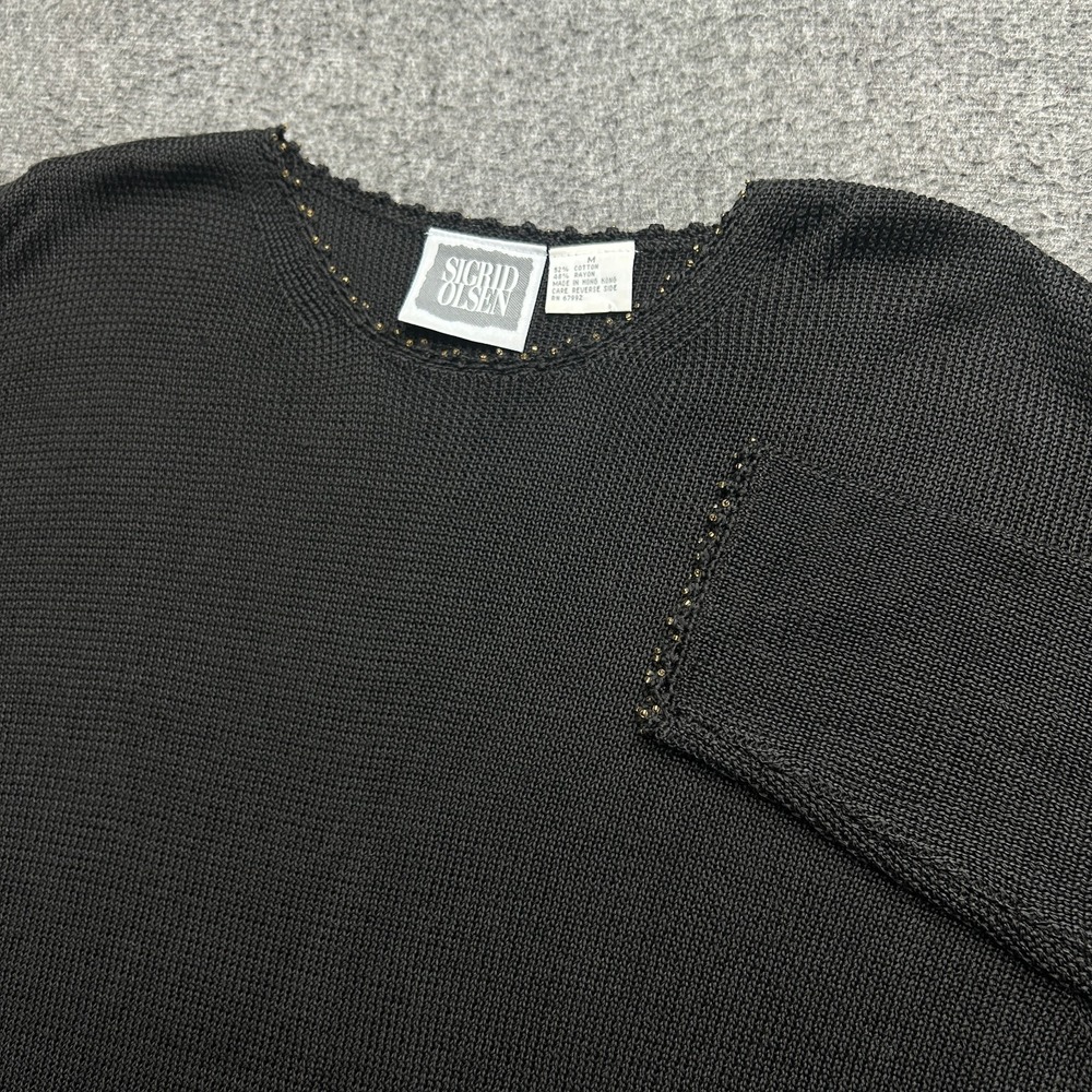 Sigrid Olsen Sweater Womens M‎ Black Silk Beaded Lagen Pullover Crewneck